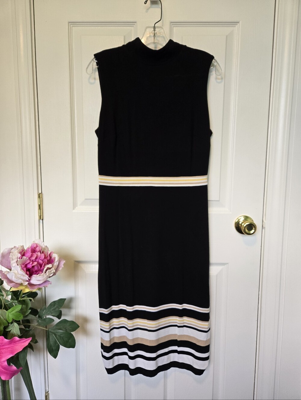 WHBM Knit Midi Bodycon Dress with Striped Hem and Waist Sz 8